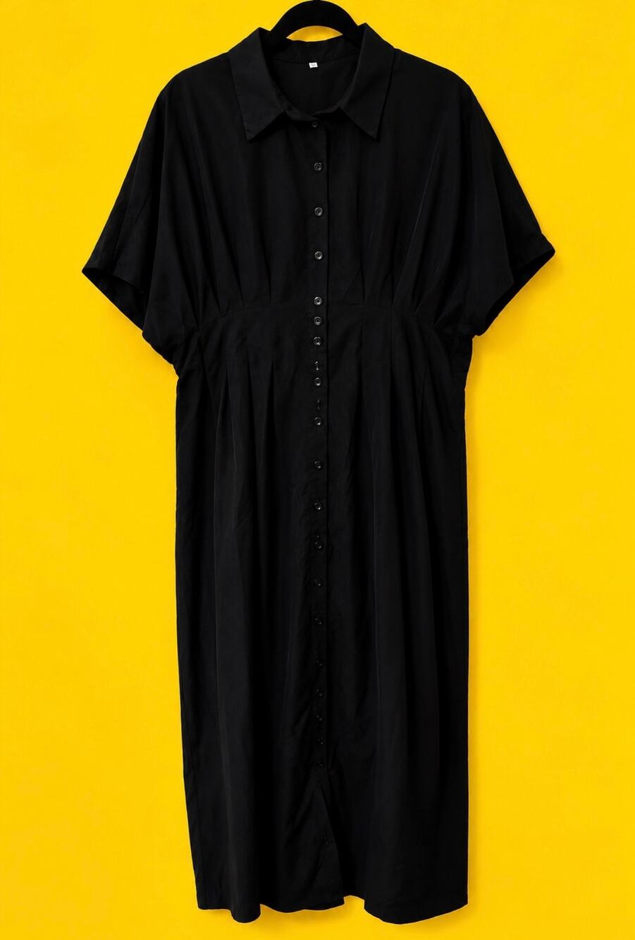 Black Button Front Midi Maxi Shirt Dress 2X – Pleated Waist Short Sleeve Gothic